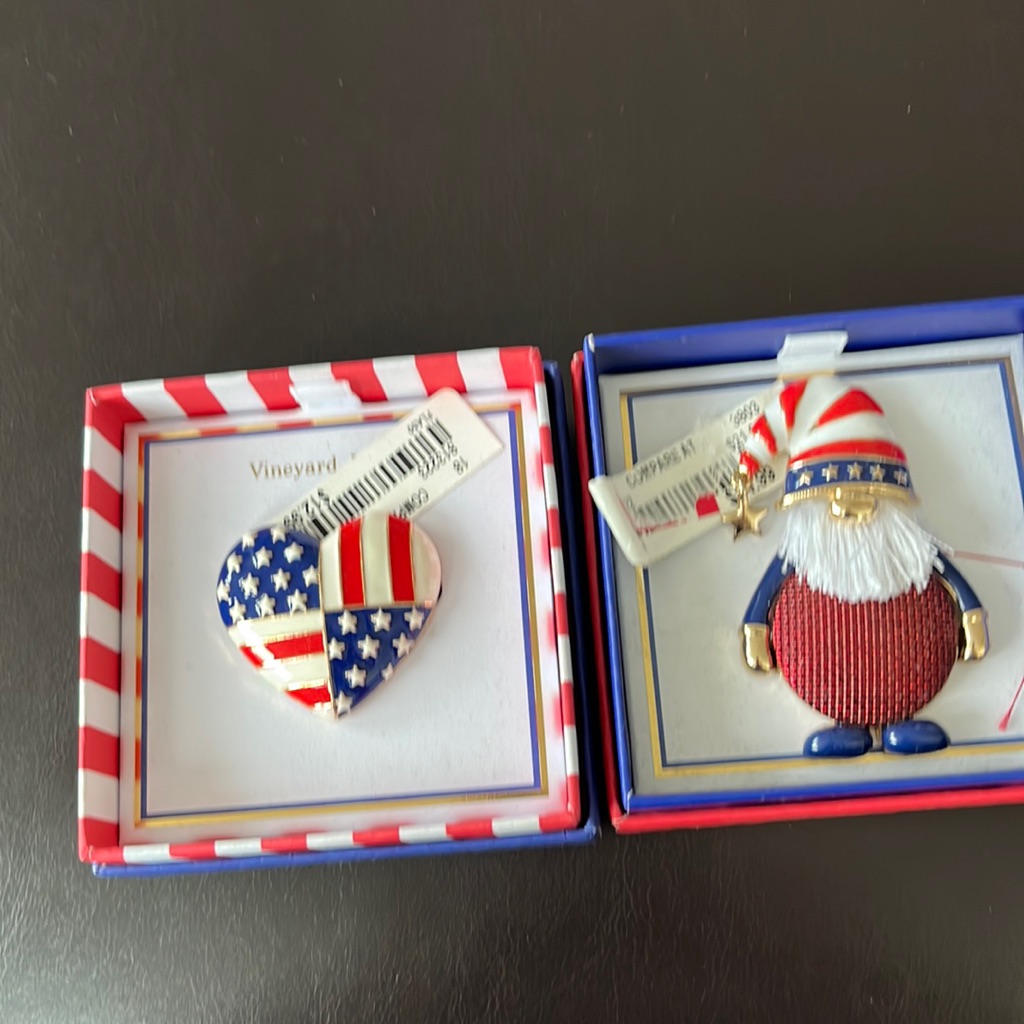 New Never Worn Vineyard Haven American Flag Pin And Ma With Hat And Beard Pin.